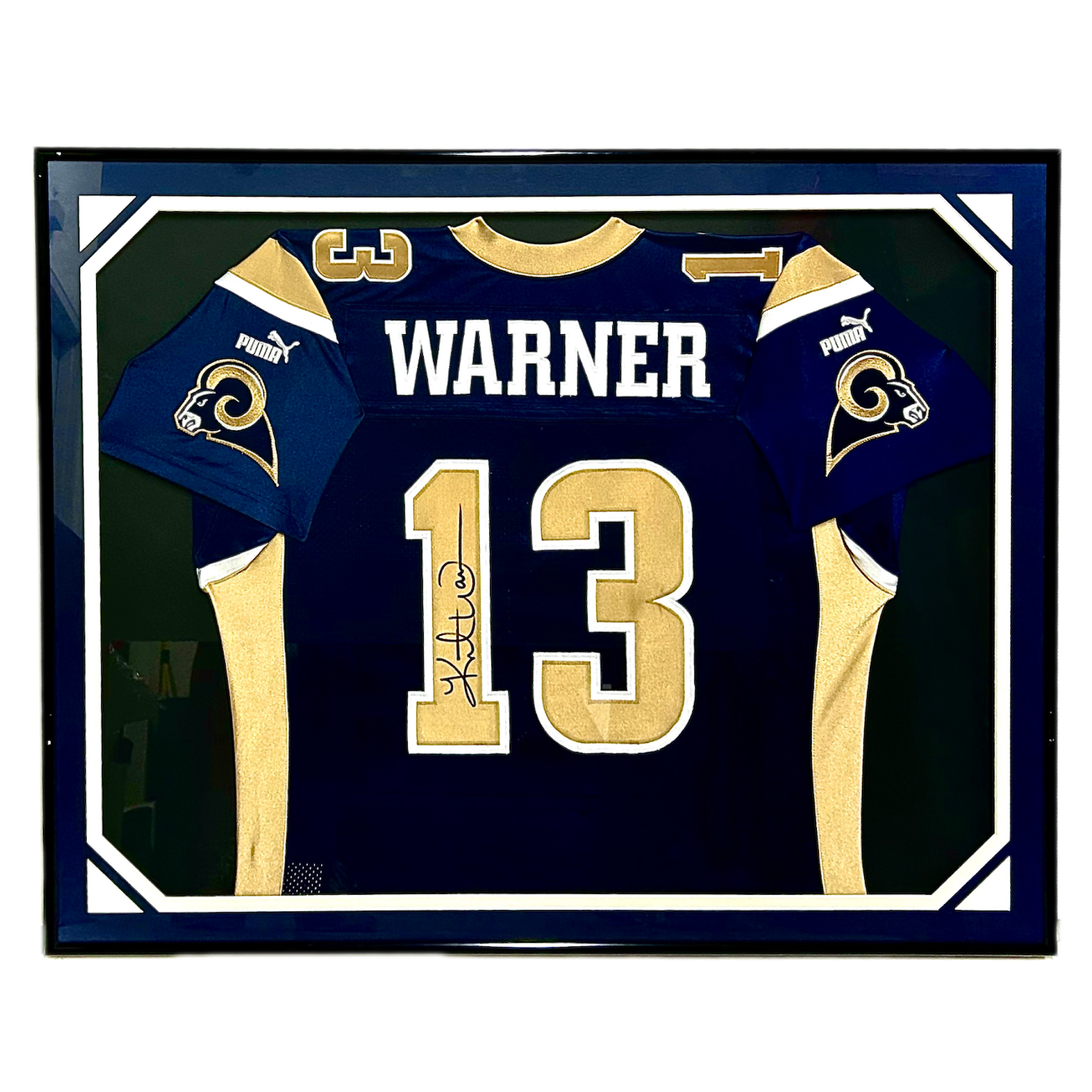 Kurt Warner Autographed St. Louis Rams 42" x 34" Framed Puma Jersey NSD Authenticated