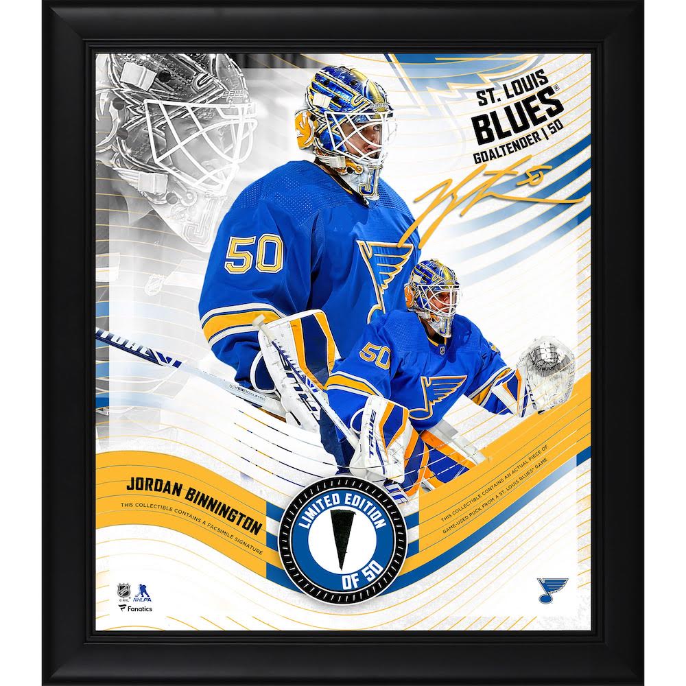 JORDAN BINNINGTON St. Louis Blues Framed 15" x 17" Game Used Puck Collage LE 50