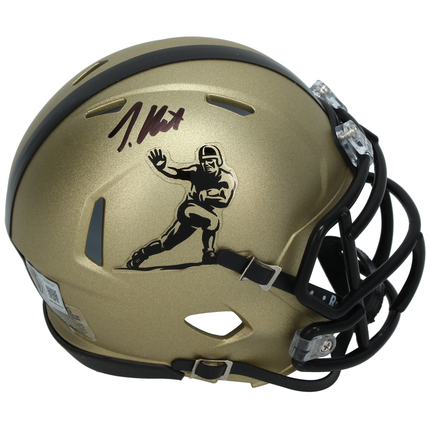Travis Hunter Autographed Gold Heisman Trophy Logo Speed Mini Helmet Beckett