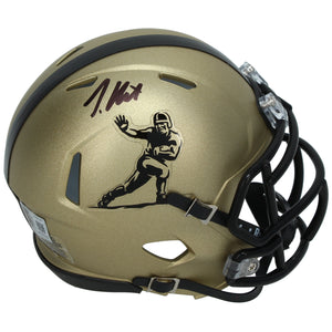 Travis Hunter Autographed Gold Heisman Trophy Logo Speed Mini Helmet Beckett