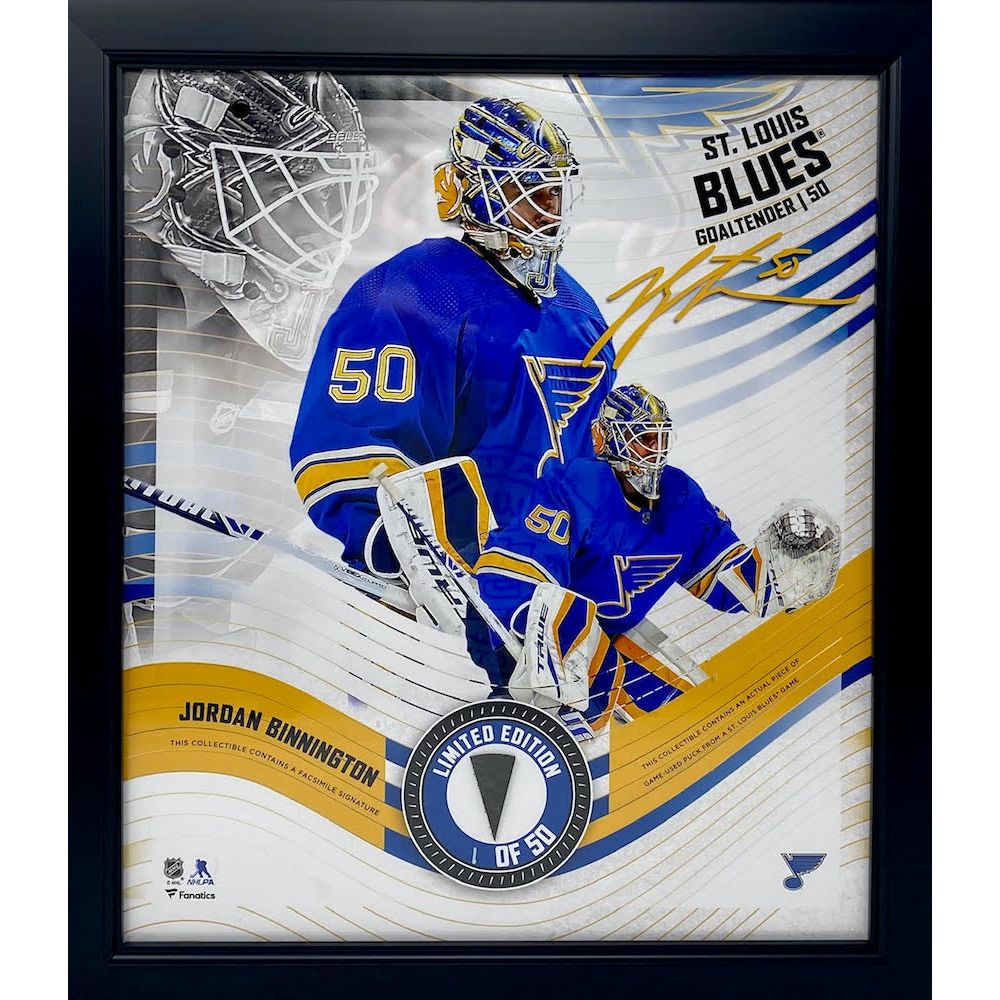 JORDAN BINNINGTON St. Louis Blues Framed 15 x 17 Game Used Puck Collage LE 1/50