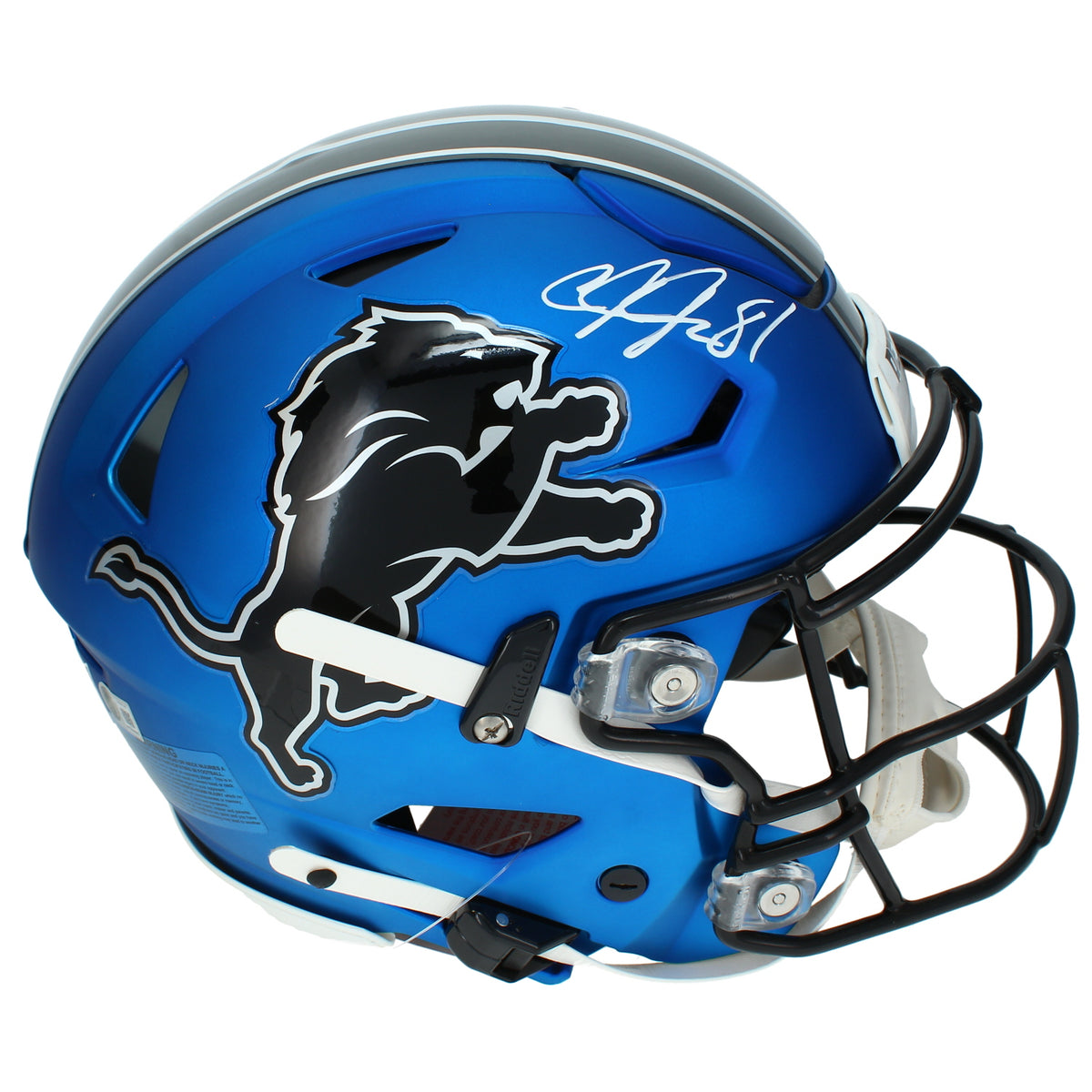 Calvin Johnson Autographed Detroit Lions Blue 2024 Alternate Speedflex Authentic Helmet Beckett Witnessed