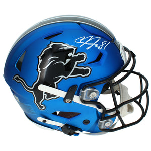 Calvin Johnson Autographed Detroit Lions Blue 2024 Alternate Speedflex Authentic Helmet Beckett Witnessed