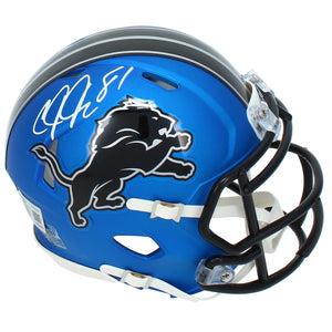 Calvin Johnson Autographed Detroit Lions Blue 2024 Alternate Speed Mini Helmet Beckett