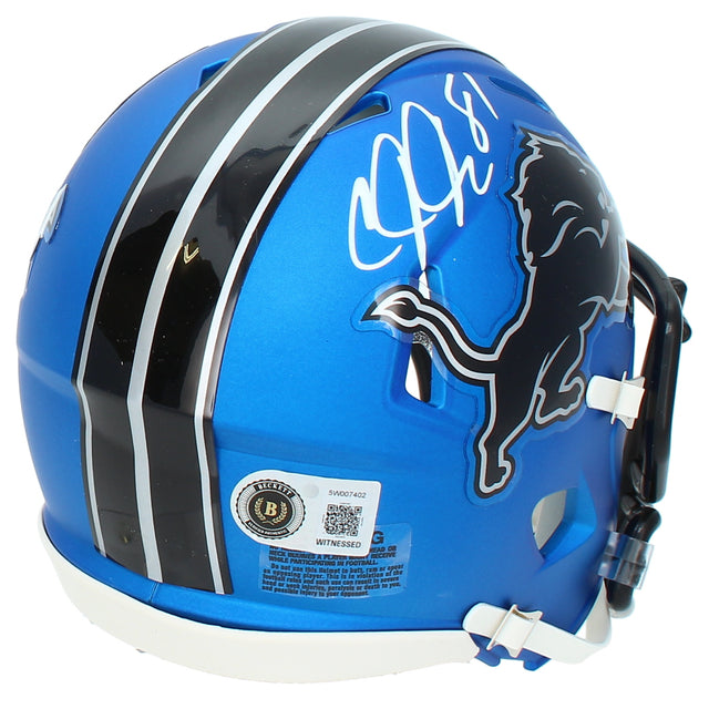 Calvin Johnson Autographed Detroit Lions Blue 2024 Alternate Speed Mini Helmet Beckett