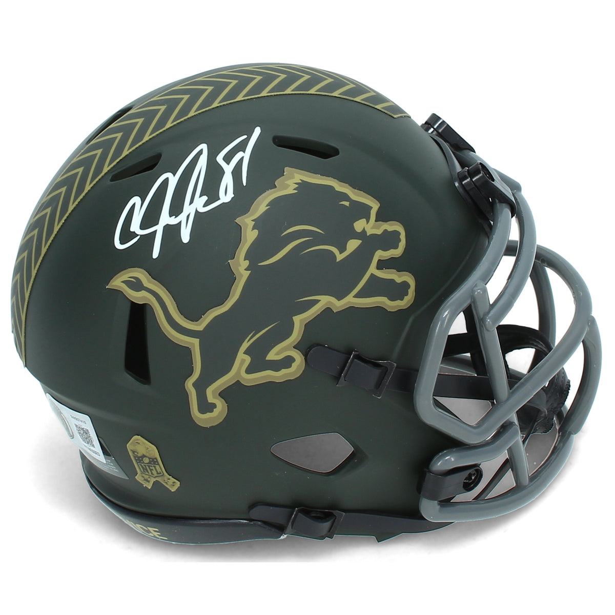Calvin Johnson Autographed Detroit Lions 2025 Salute to Service Speed Mini Helmet Beckett
