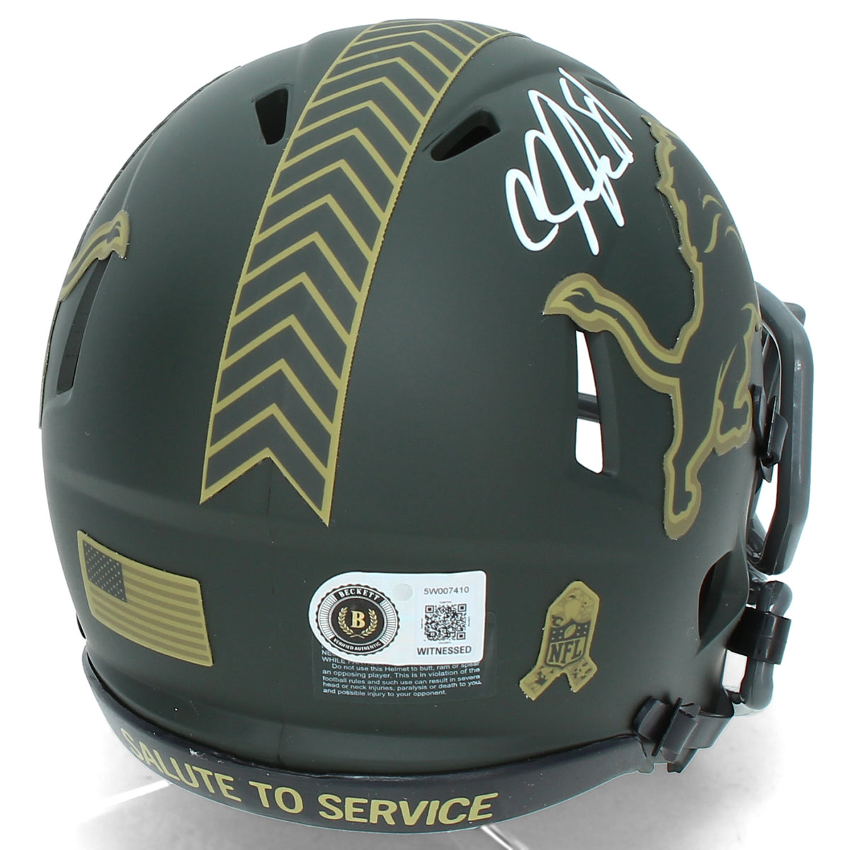 Calvin Johnson Autographed Detroit Lions 2025 Salute to Service Speed Mini Helmet Beckett