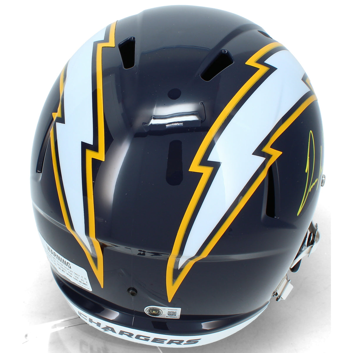 Omarion Hampton Autographed (in Yellow) Los Angeles Chargers Navy 2025 Alternate Speed Full Size Helmet Beckett