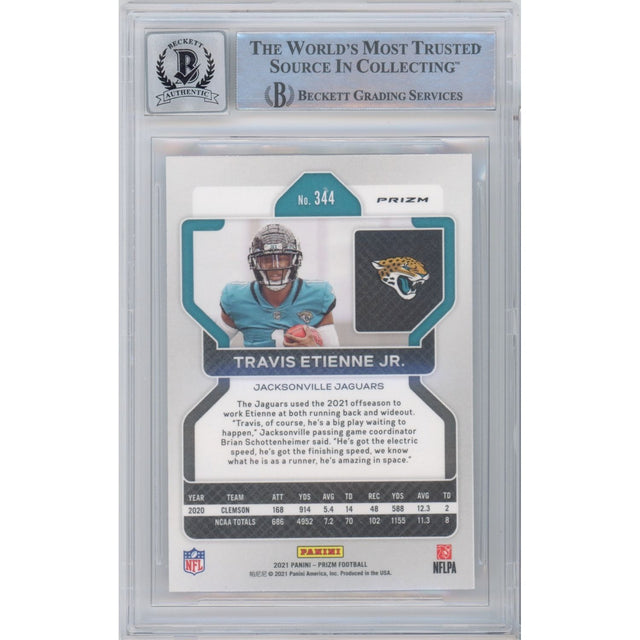 Travis Etienne Autographed Houston Texans 2021 Panini Prizm RC Card #344 RWB Texans Beckett 10