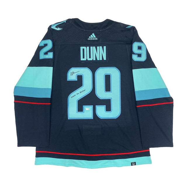 VINCE DUNN Autographed Seattle Kraken "Release The Kraken" Authentic Navy Jersey FANATICS