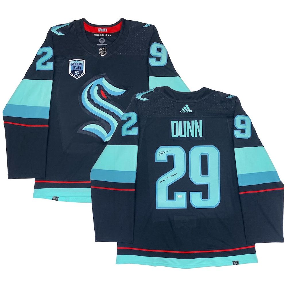 VINCE DUNN Autographed Seattle Kraken "Release The Kraken" Authentic Navy Jersey FANATICS