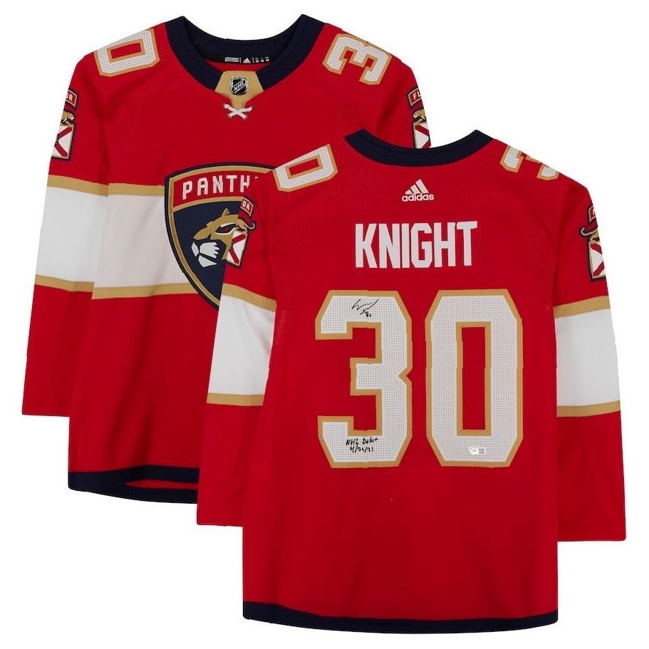 SPENCER KNIGHT Autographed Florida Panthers "NHL Debut 4/20/21" Authentic Jersey FANATICS