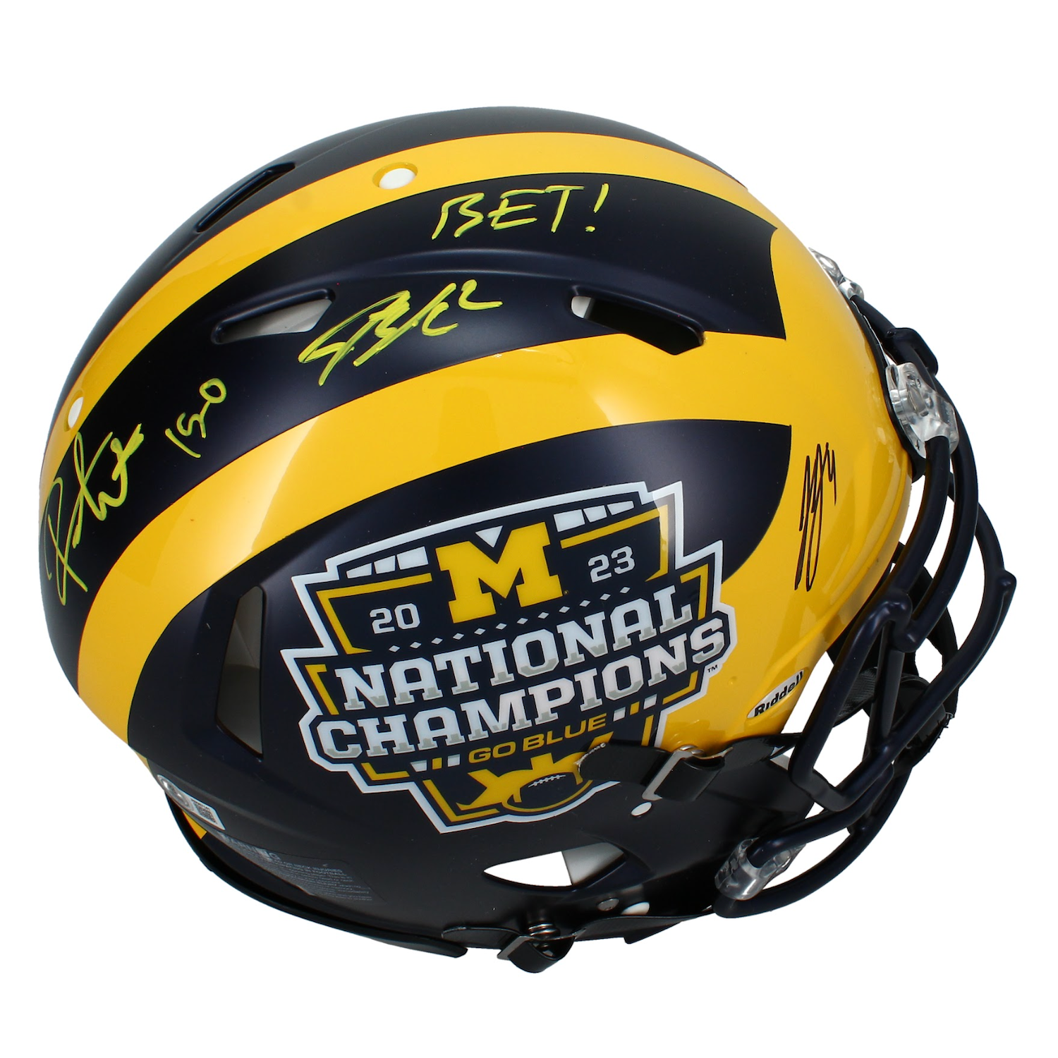 J.J. McCarthy, Blake Corum and Roman Wilson Autographed Michigan Wolverines Champs Helmet Beckett