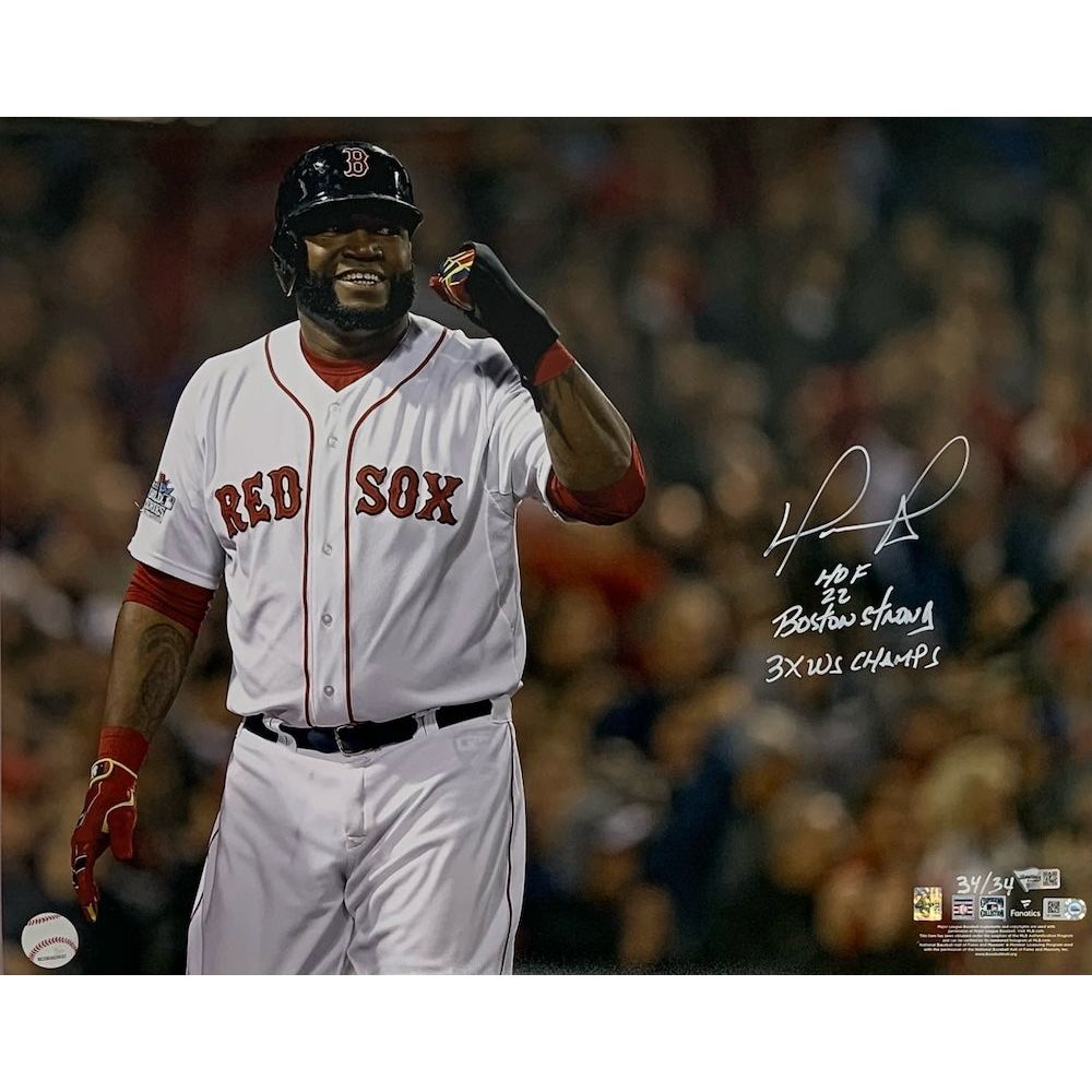 DAVID ORTIZ Autographed Boston Red Sox "HOF 22, 3x WS Champs" 16" x 20" Photo FANATICS LE 34/34