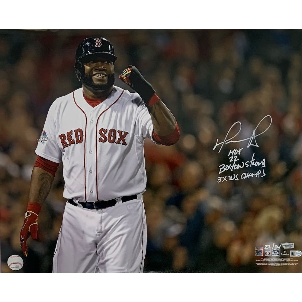 DAVID ORTIZ Autographed Boston Red Sox "HOF 22, 3x WS Champs" 16" x 20" Photo FANATICS LE 22/34