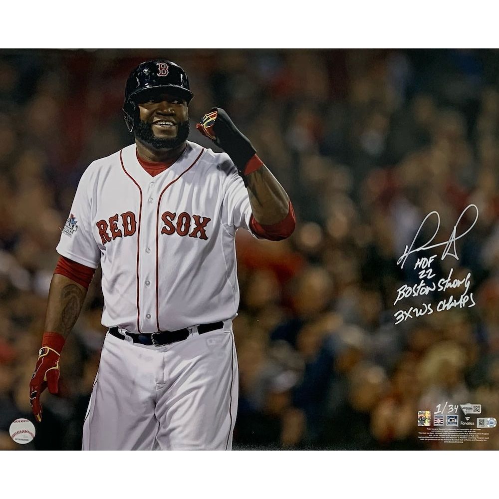 DAVID ORTIZ Autographed Boston Red Sox "HOF 22, 3x WS Champs" 16" x 20" Photo FANATICS LE 1/34