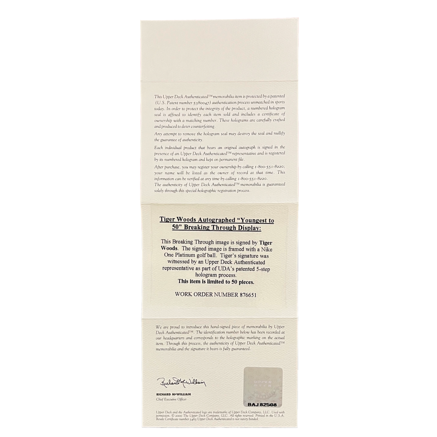 Tiger Woods Autographed "Youngest to 50" Break Through Display UDA LE 50