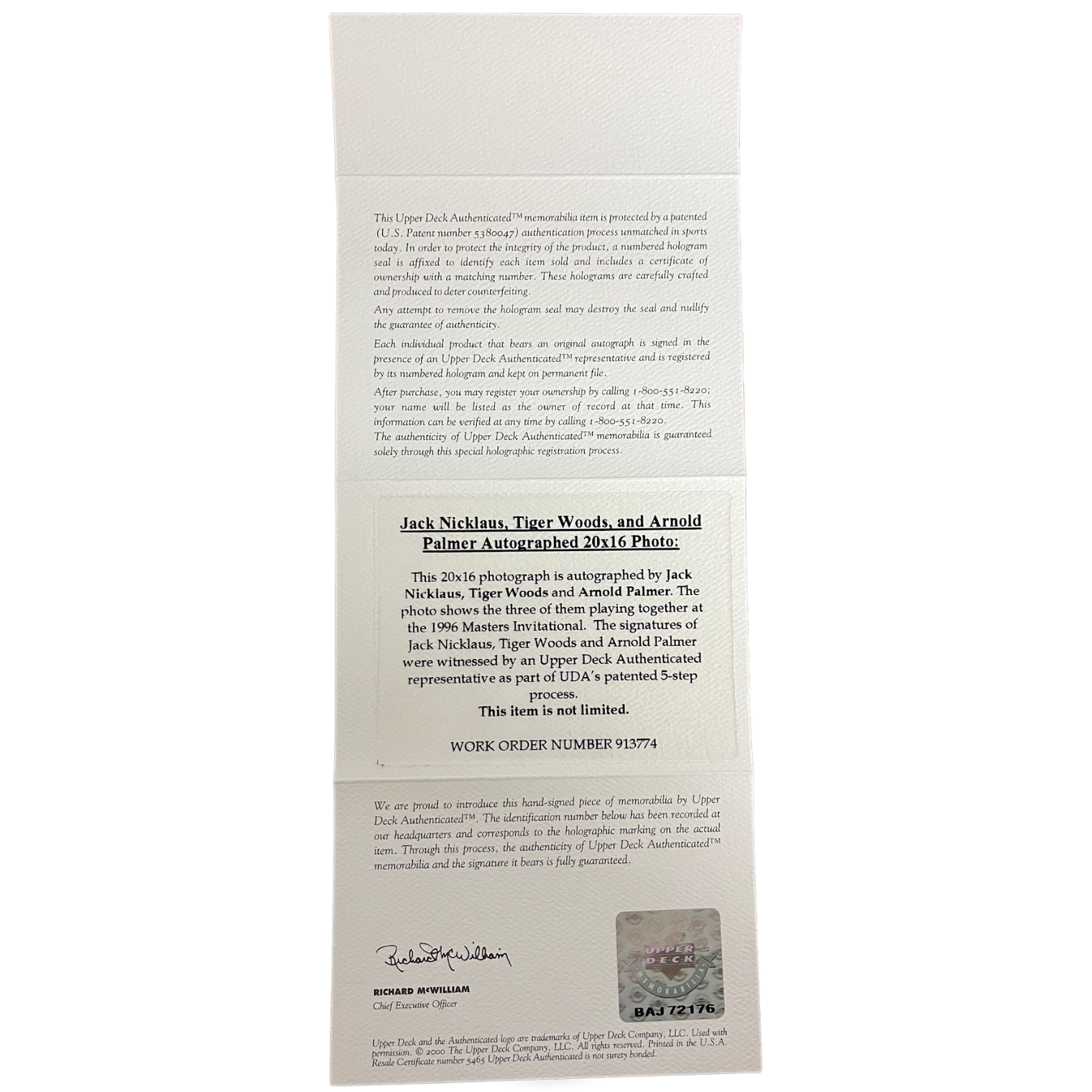 Tiger Woods, Jack Nicklaus & Arnold Palmer Autographed 16" x 20" Photograph UDA