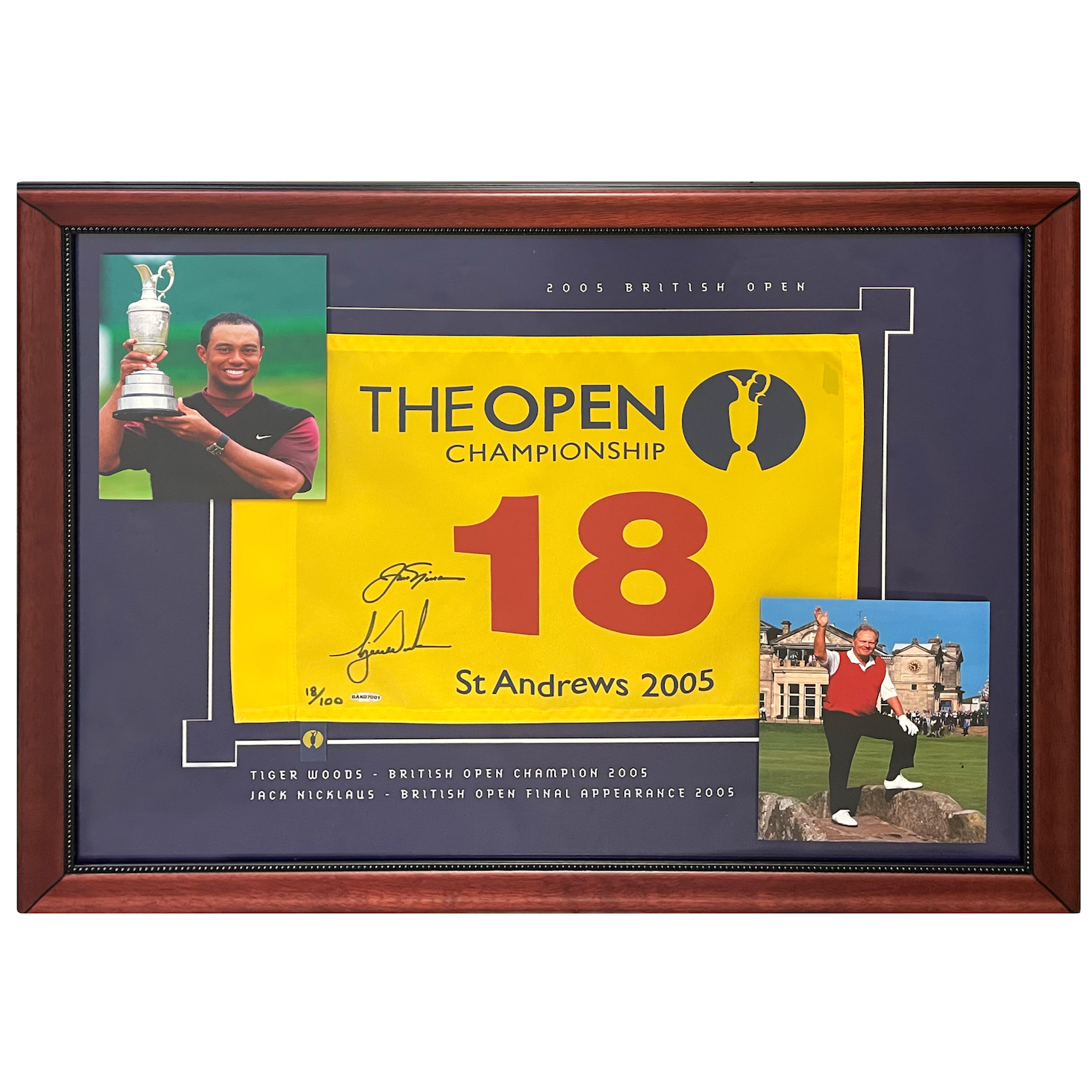 Tiger Woods / Jack Nicklaus Autographed Framed 2005 British Open Flag UDA LE 100