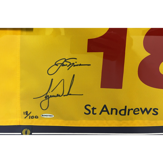 Tiger Woods / Jack Nicklaus Autographed Framed 2005 British Open Flag UDA LE 100