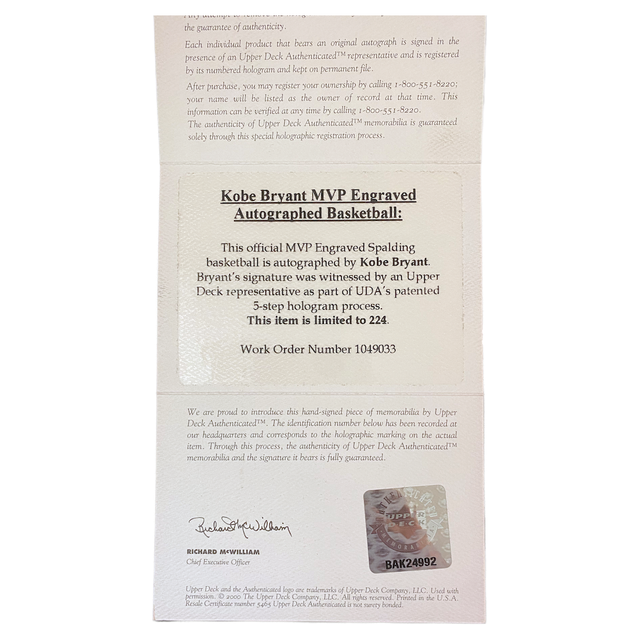 Kobe Bryant Autographed 2008 MVP Logo Lakers Official Game Basketball UDA LE 224