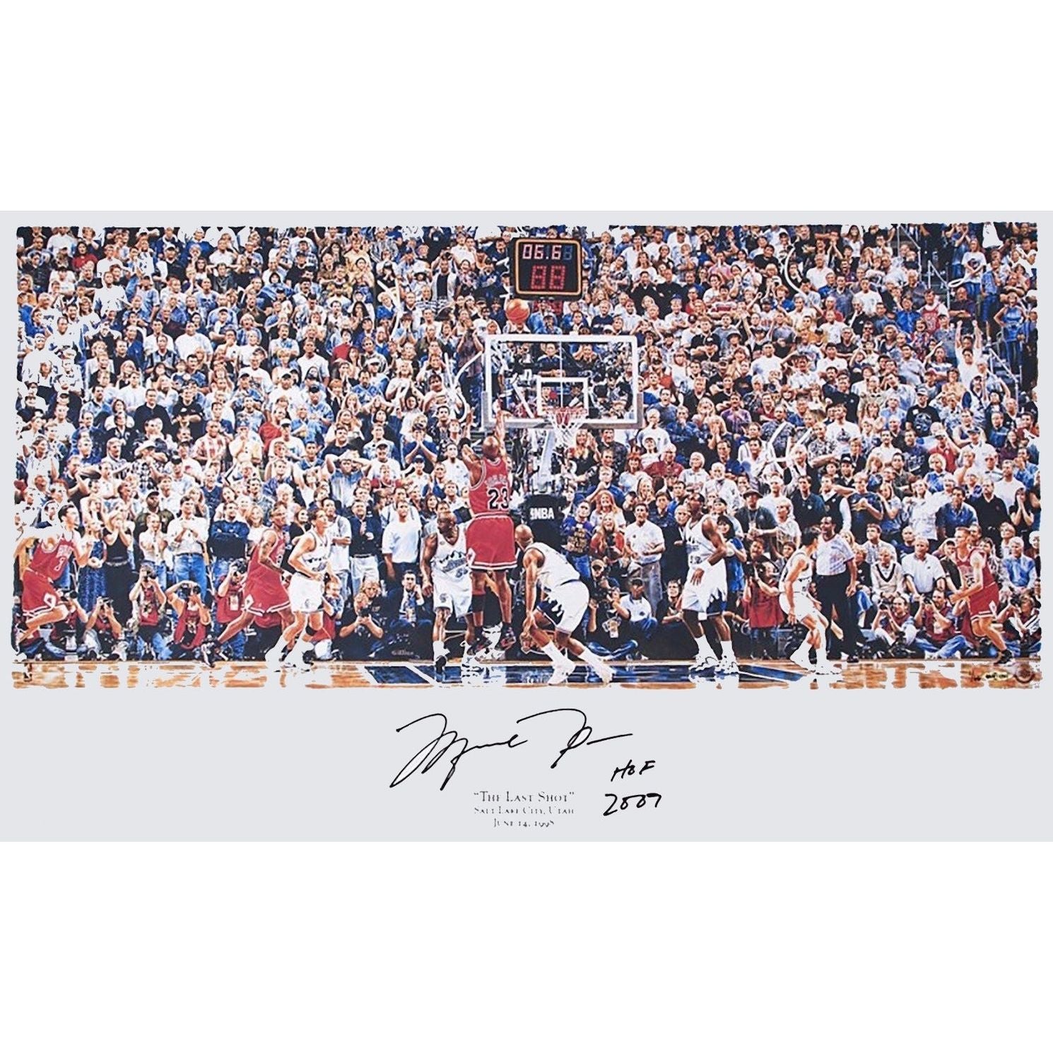 MICHAEL JORDAN Autographed Chicago Bulls "HOF 2009" "Last Shot" 36" x 22" Lithograph UDA LE 66