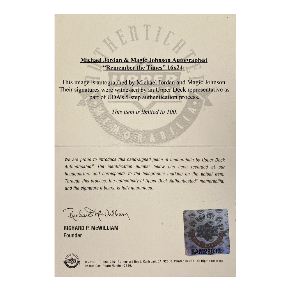 MICHAEL JORDAN / MAGIC JOHNSON Autographed 16" x 24" Framed Photo UDA LE 33/100