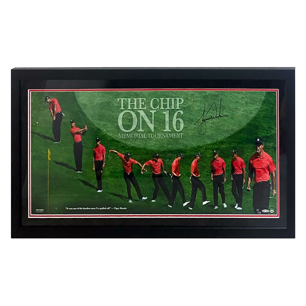 Tiger Woods Autographed "Chip at 16" Framed 41" x 20" Photograph UDA LE 116