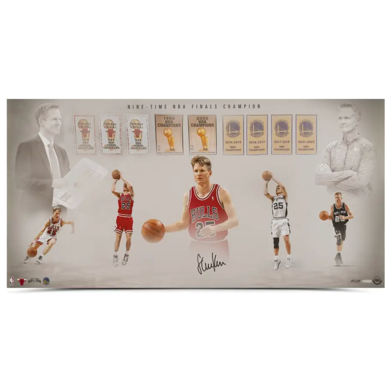 Steve Kerr Autographed Chicago Bulls 9x Champion 36" x 18" Photograph UDA LE 125