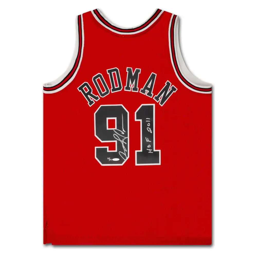 Dennis Rodman Autographed Chicago Bulls "HOF 2011" M&N Red Jersey LE 111