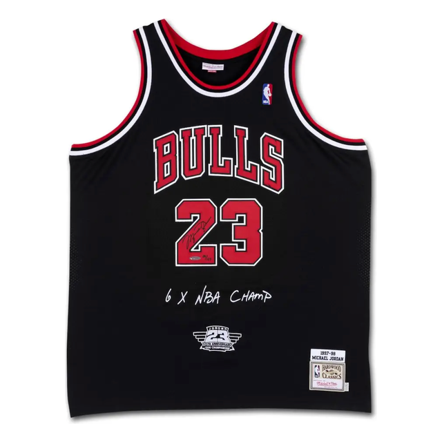 Michael Jordan Autographed Chicago Bulls '6x NBA Champ' Embroidered Black Jersey UDA LE 123