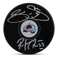 Joe Sakic / Patrick Roy Autographed Avalanche Hockey Puck UDA LE 25