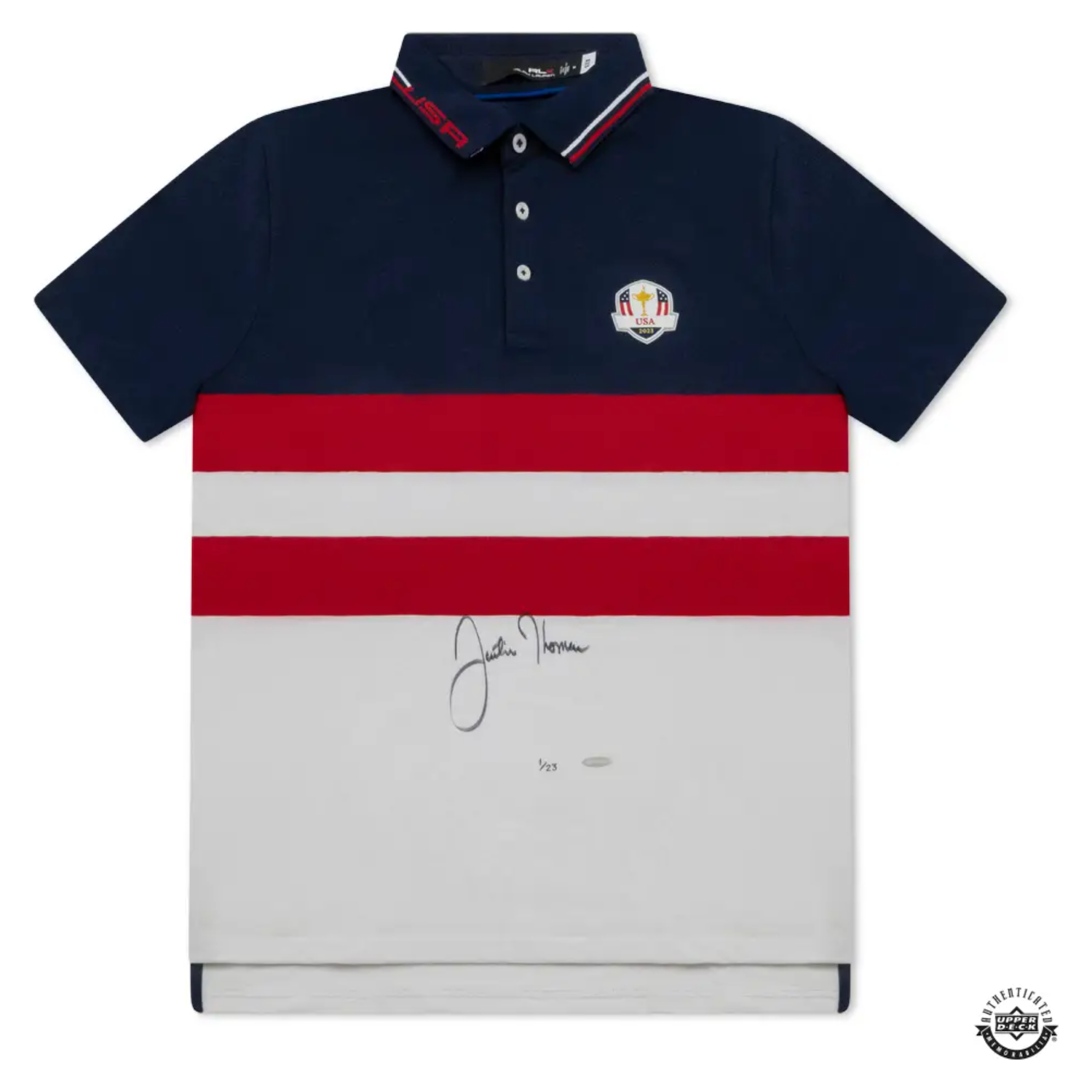 Justin Thomas Autographed USA 2023 Ryder Cup Sunday Polo Shirt UDA LE 23