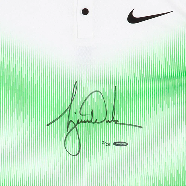 Tiger Woods Autographed Nike Green Stripe Pattern Polo Shirt UDA LE 25