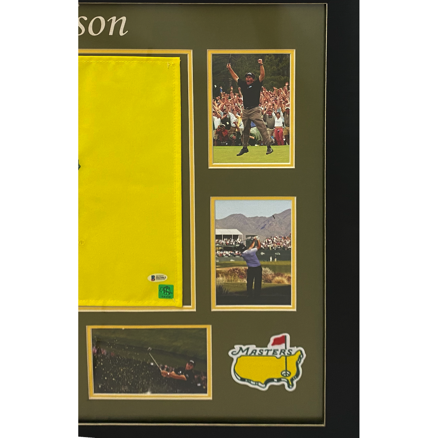 Phil Mickelson Autographed Masters Flag Custom 37" x 28" Framed Display w/ Photos Beckett