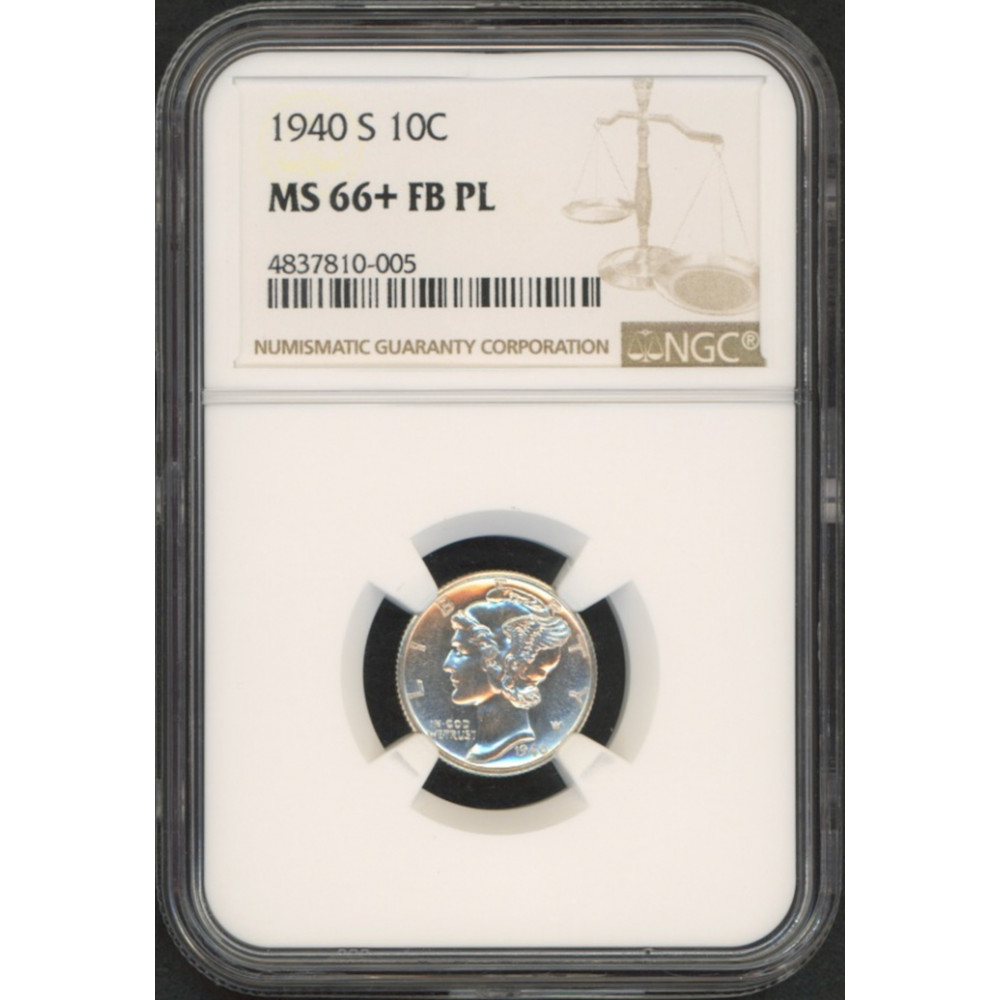 1940-S 10¬¢ Mercury Silver Dime (NGC MS 66+ FB PL) - Collector's Coin