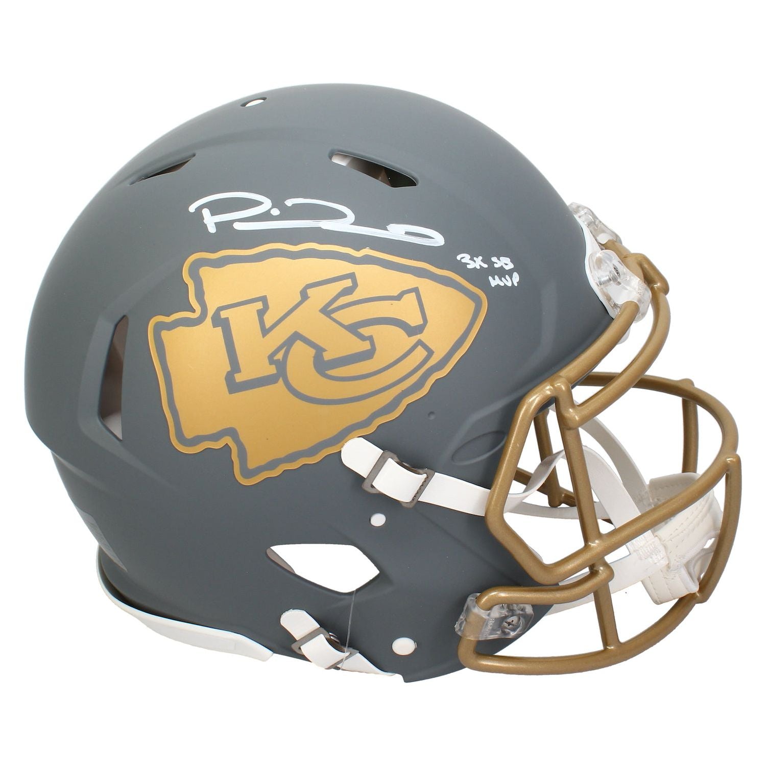 Patrick Mahomes Autographed Kansas City Chiefs "3X SB MVP" Slate Authentic Speed Helmet Beckett