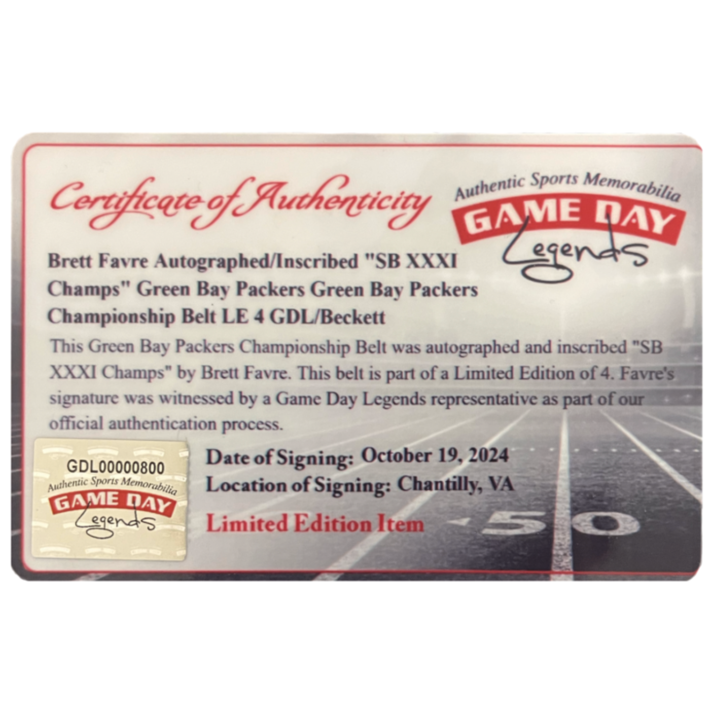 Brett Favre Autographed "SB XXXI Champs" Packers WWE Belt Beckett LE 4/4