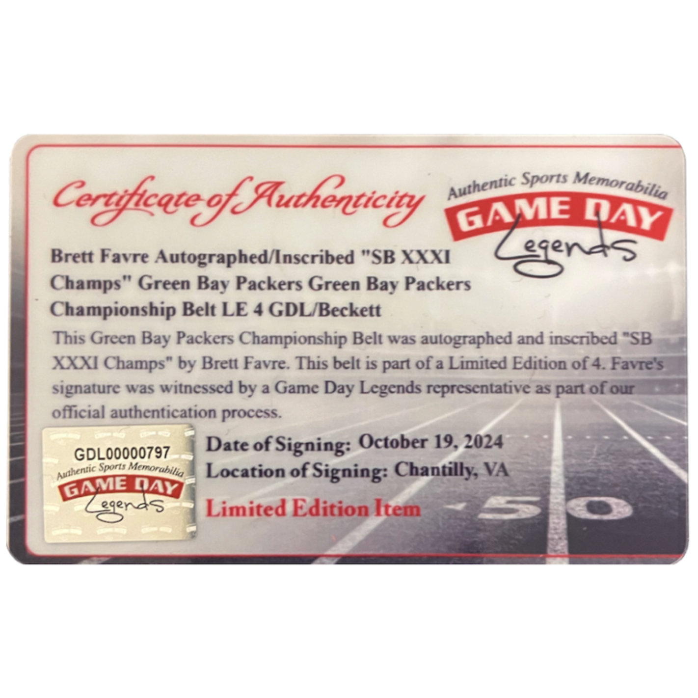 Brett Favre Autographed "SB XXXI Champs" Packers WWE Belt Beckett LE 1/4