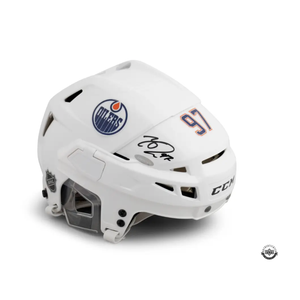 Connor McDavid Autographed White CCM Edmonton Oilers Authentic Helmet UDA