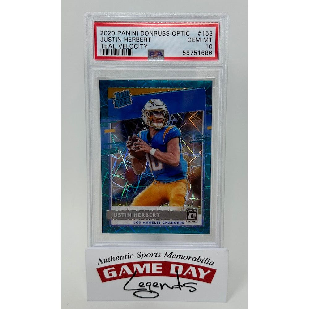 Justin Herbert Los Angeles Chargers 2020 Panini Donruss Optic NFL Teal Velocity SSP #153 PSA 10