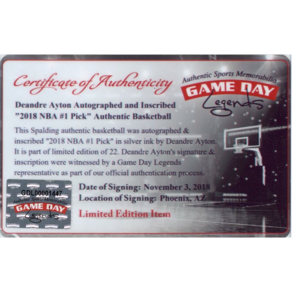DEANDRE AYTON Autographed (Silver) and Inscribed Phoenix Suns “2018 NBA #1 Pick” Authentic Spalding Basketball - Limited Edition of 22 - GAME DAY LEGENDS & STEINER