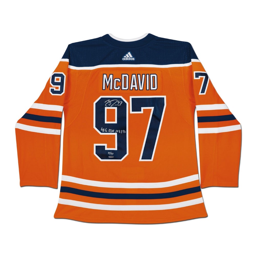 CONNOR McDAVID Edmonton Oilers Autographed / Inscribed "41 G, 67 A, 108 Pts" Edmonton Oilers Orange Authentic Jersey UDA LE 97