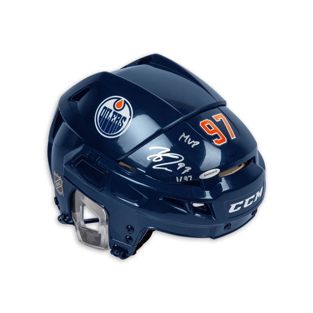 CONNOR McDAVID Autographed "MVP" CCM Authentic Edmonton Oilers Navy Helmet UDA LE 97