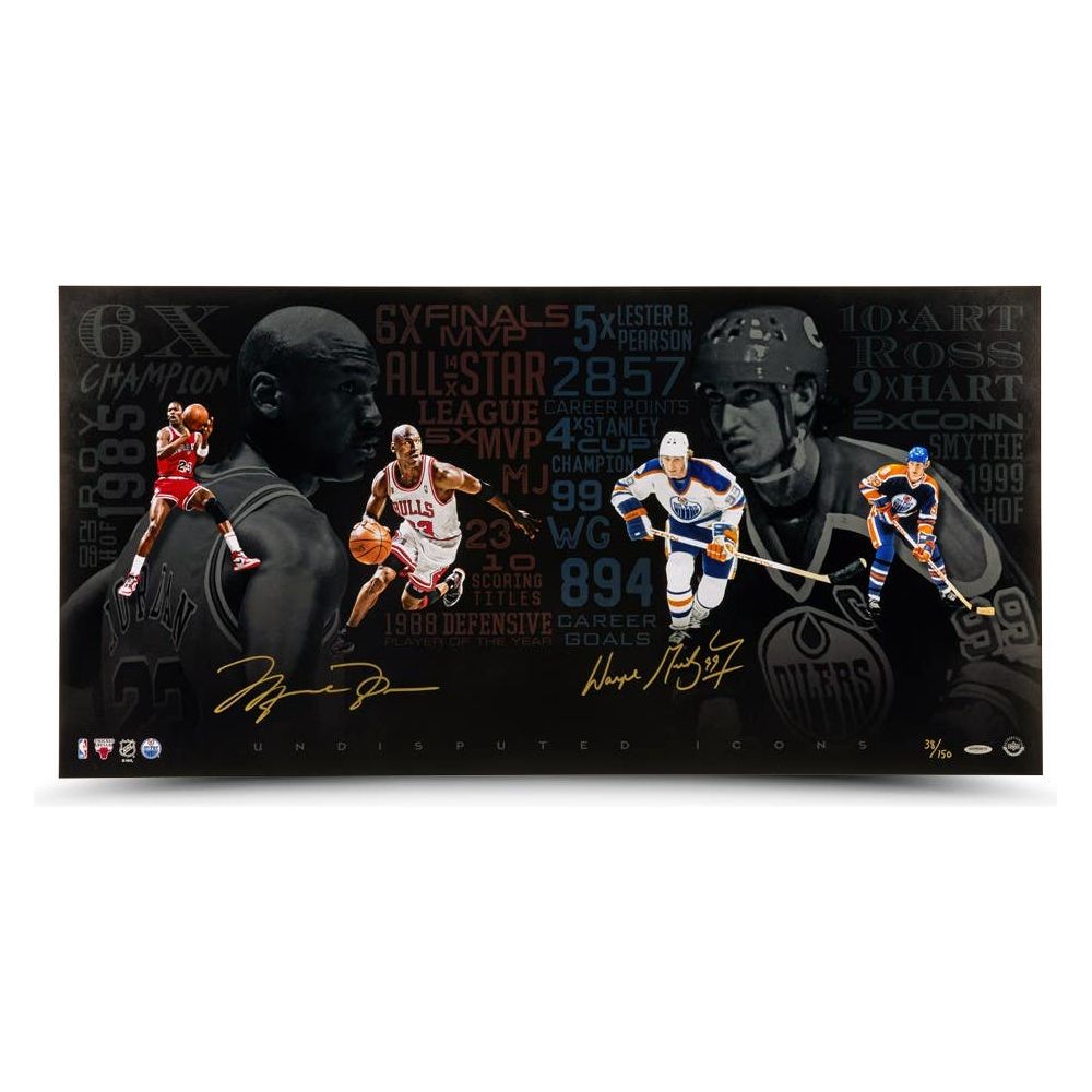 MICHAEL JORDAN & WAYNE GRETZKY Autographed Edmonton Oilers “Undisputed Icons” 36x18 Photo UDA LE 150