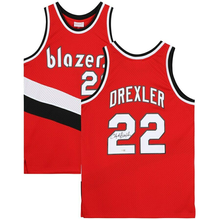 CLYDE DREXLER Autographed Portland Trail Blazers Red M&N Jersey FANATICS