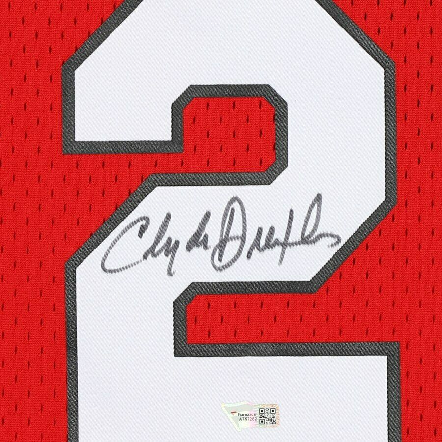 CLYDE DREXLER Autographed Portland Trail Blazers Red M&N Jersey FANATICS