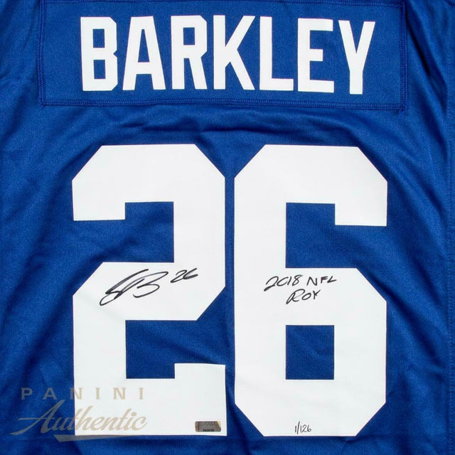 SAQUON BARKLEY Autographed New York Giants "2018 NFL ROY" Blue Nike Jersey PANINI LE 126