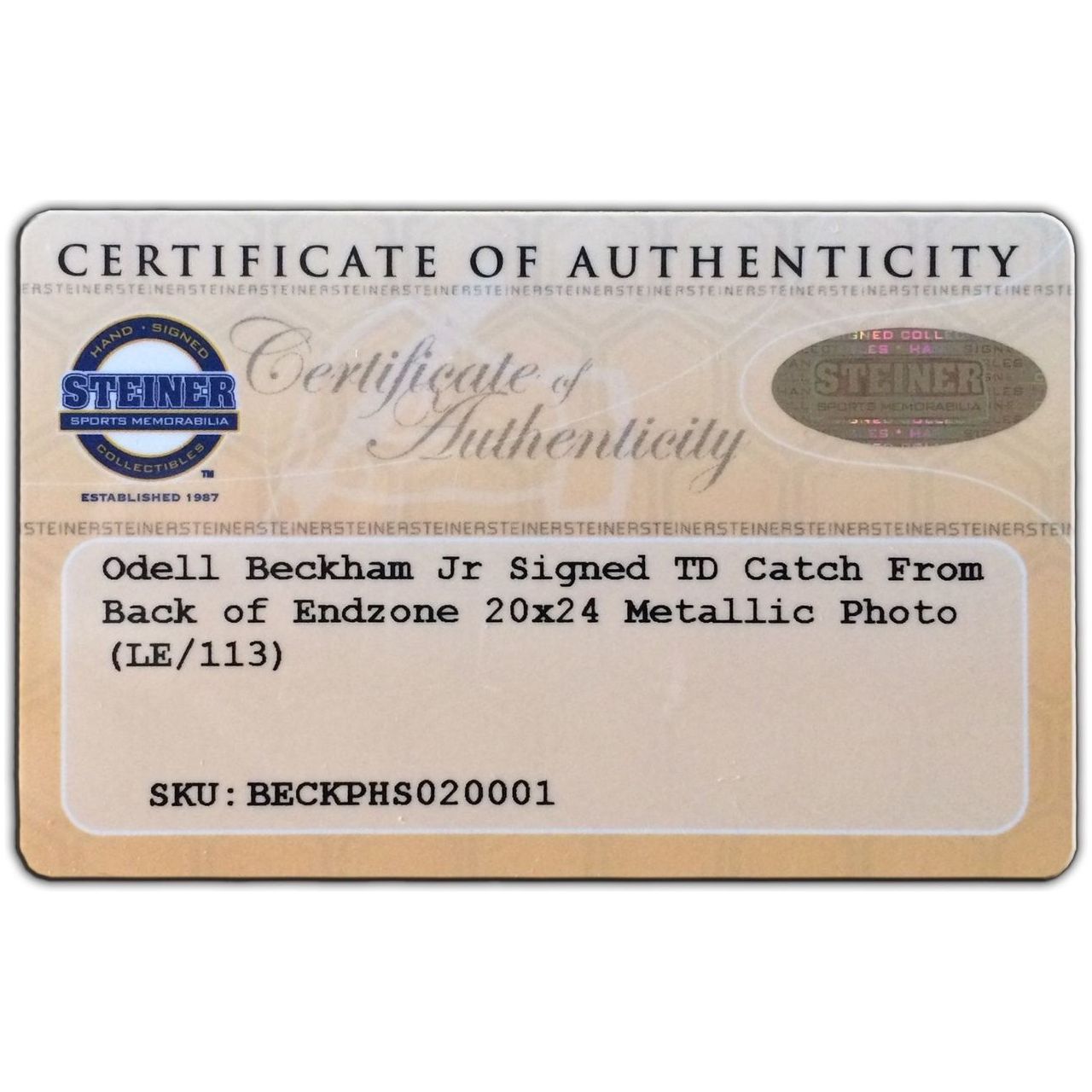 ODELL BECKHAM JR. New York Giants Signed 'One Handed Catch' Metallic Paper Framed 20 x 24 Photo (Overall Dimensions are 24 x 28) STEINER Limited Edition of 113