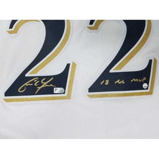 CHRISTIAN YELICH Autographed / Inscribed "18 NL MVP" Milwaukee Brewers Cool Base Majestic Replica White Jersey STEINER